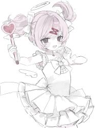  1girl alternate_costume blush bow choker commentary detached_wings doki_doki_literature_club dress eyelashes fang hair_bow hair_ornament hairclip halo heart_wand highres holding holding_wand kitty_17a magical_girl natsuki_(doki_doki_literature_club) open_mouth pink_hair short_hair simple_background skin_fang smile solo traditional_hal twintails wand white_background white_bow white_choker white_dress wings 
