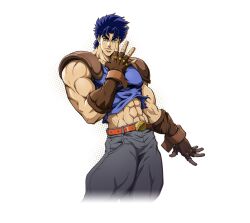  1boy abs alpha_transparency belt belt_buckle blue_eyes blue_hair brown_gloves buckle cowboy_shot crop_top fingerless_gloves gloves halftone halftone_background highres jojo_no_kimyou_na_bouken jojo_pose jonathan_joestar male_focus muscular muscular_male official_art orange_belt pectorals phantom_blood smile solo transparent_background 