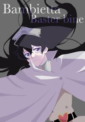  1girl bambietta_basterbine belt black_belt black_hair bleach bleach:_sennen_kessen-hen blue_eyes breasts brooch buckle cape character_name commentary english_text grey_background hair_between_eyes hat heart heart-shaped_buckle heart_brooch highres jacket jewelry korean_commentary long_hair looking_to_the_side military_jacket nanunackktalza peaked_cap pleated_skirt skirt very_long_hair white_cape white_hat white_jacket white_skirt 