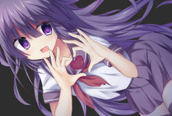  1girl :d black_background black_hair black_sailor_collar black_skirt black_thighhighs commentary_request cowboy_shot dutch_angle eyes_visible_through_hair floating_hair four-finger_heart_hands hair_between_eyes hands_up heart heart_hands heart_in_heart_hands korokoro_cat light_blush long_hair looking_at_viewer miniskirt neckerchief open_mouth original pleated_skirt red_neckerchief sailor_collar sailor_shirt school_uniform serafuku shirt short_sleeves simple_background skirt smile solo thigh-highs very_long_hair violet_eyes white_shirt yandere zettai_ryouiki 