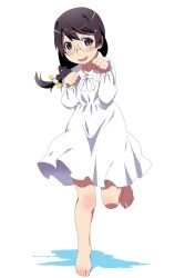  1girl aged_down barefoot black_hair blush braid braided_ponytail cat_hair_ornament commentary dress feet foot_up_heel_up full_body gesugesu_ahoaho glasses grey_eyes hair_ornament hanekawa_tsubasa highres long_hair long_sleeves monogatari_(series) open_mouth paw_pose round_eyewear shadow simple_background smile solo standing standing_on_one_leg watanabe_akio_(style) white_background white_dress 