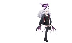  1girl absurdres bag black_choker black_shoes black_skirt black_thighhighs blue_archive blush choker demon_girl demon_horns demon_wings hair_ornament hairclip halo handbag highres hina_(blue_archive) horns jacket jacket_on_shoulders long_hair looking_at_viewer miniskirt official_art parted_bangs shoes skirt solo thigh-highs transparent_background violet_eyes white_hair wings zettai_ryouiki zozotown 