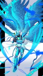 1boy absurdres armor armored_bodysuit black_bodysuit black_gloves blue_armor blue_feathers blue_wings bodysuit chair coat commentary_request eyecon feathered_wings feathers ghost_driver ghost_re:birth:_kamen_rider_specter gloves highres horns kamen_rider kamen_rider_ghost_(series) kamen_rider_sin_specter kamen_rider_specter misaki_guu open_clothes open_coat rider_belt sin_specter_ghost_eyecon solo tokusatsu visor_(armor) white_coat wings