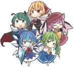  5girls :&gt; antennae ascot bangs bird_wings black_cape black_skirt black_vest blonde_hair blue_bow blue_dress blue_eyes blue_hair blue_pants blue_skirt blue_vest bow bowtie brown_headwear cape character_name cirno closed_eyes closed_mouth clothes_writing collared_shirt daiyousei dress fairy_wings full_body green_eyes green_hair grin hair_bow hair_ribbon holding holding_microphone ice ice_wings jagabutter long_hair looking_at_viewer microphone multiple_girls mystia_lorelei open_mouth outstretched_arms pants pink_hair puffy_short_sleeves puffy_sleeves red_ascot red_bow red_bowtie red_eyes red_ribbon ribbon rumia shield shirt short_sleeves side_ponytail simple_background skirt smile team_9 touhou v_arms vest white_background white_shirt winged_hat wings wriggle_nightbug yellow_ascot yellow_ribbon 