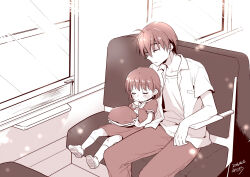  1boy 1girl casual clannad closed_eyes collared_shirt commentary_request dated dress father_and_child feet_out_of_frame full_body hat holding holding_unworn_clothes holding_unworn_hat kindergarten_uniform light_particles limited_palette medium_hair misaki_juri okazaki_tomoya okazaki_ushio open_clothes open_shirt parent_and_child puffy_short_sleeves puffy_sleeves sailor_collar sailor_dress shirt short_dress short_hair short_sleeves side-by-side signature sitting sleeping spiky_hair train_interior unworn_hat unworn_headwear window 