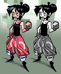  abstract_background absurdres angry baggy_pants black_hair black_shoes black_tank_top brick_wall clenched_hand colored_skin edith_(teknodice) fingerless_gloves frown garter_straps gloves hair_bun hand_on_own_hip highres mixed_media monochrome_inset multiple_views original pants partially_colored partially_shaded_face photo_background pink_garter_straps pink_gloves pink_pants shadow shoes short_hair tank_top teknodice white_skin 