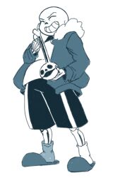  1boy 2019 2d aqua_theme black_shorts blue_jacket blue_slippers blue_socks closed_eyes digital_media full_body fur-trimmed_jacket fur_trim highres holding holding_instrument humanoid instrument jacket long_sleeves loutpott male male_focus male_only mismatched_socks monochrome monster monster_boy no_lineart open_clothes open_jacket otamatone plump sans_(undertale) shirt shorts single_vertical_stripe skeleton slippers smile socks solo standing striped_clothes striped_shorts teeth undead undertale utdr_(toby_fox) vertical-striped_clothes vertical-striped_shorts white_shirt white_socks white_stripes 
