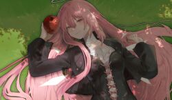  1girl apple arknights black_jacket closed_mouth commentary cross-laced_clothes day detached_wings food fruit grass grey_eyes hair_between_eyes highres holding holding_food holding_fruit jacket lemuen_(arknights) light_blush long_hair long_sleeves on_ground open_clothes open_jacket outdoors pink_hair plant smile solo upper_body wings yunu_nuyu 