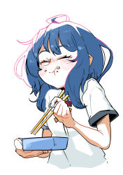  1girl absurdres ahoge bento blue_hair chopsticks closed_eyes closed_mouth collared_shirt commentary_request cropped_torso crumbs eating happy hebara_gi highres holding holding_bento holding_chopsticks korean_commentary long_hair make_heroine_ga_oo_sugiru! shirt short_hair shrugging sidelocks simple_background smile solo white_background white_shirt yanami_anna 