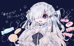  1girl bare_shoulders blue_background choker commentary_request crying crying_with_eyes_open detached_sleeves dress frilled_choker frilled_hairband frilled_sleeves frills hair_over_one_eye hairband highres lolita_hairband long_hair long_sleeves mahou_shoujo_no_majo_saiban minna_de_zutto_shiawase_ni_kazoku_de_issho_ni_tanoshii_party_wo natsume_an-an official_alternate_costume one_eye_covered open_mouth simple_background sleeve_bow sleeveless sleeveless_dress sleeves_past_fingers sleeves_past_wrists solo spoilers tears translation_request unnmo_1102 upper_body violet_eyes white_dress white_hair white_hairband wide_sleeves 