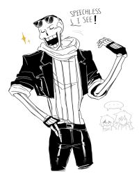  ... 1boy 1girl 1other 2026 2d ambiguous_gender anthro belt black_gloves black_jacket black_pants buckle closed_eyes commentary cropped_jacket cropped_legs deltarune digital_media eliasvrk english_commentary english_text eyewear_on_head female fingerless_gloves gloves hair_over_eyes hand_on_own_hip horizontal-striped_clothes human humanoid jacket kris_(deltarune) leather leather_jacket leather_pants lizard lizard_girl long_hair long_sleeves male male_focus monster monster_boy monster_girl open_clothes open_jacket pants papyrus_(undertale) pinstripe_pattern pinstripe_shirt reptile reptile_girl scalie scarf shirt short_hair simple_background skeleton solo_focus sparkle speech_bubble spoken_ellipsis striped_clothes striped_shirt striped_sweater sunglasses susie_(deltarune) sweater teeth text trio undead utdr_(toby_fox) white_background 