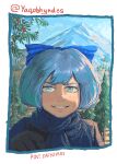  1girl alternate_costume aqua_eyes blue_hair blue_jacket blue_ribbon blue_scarf cirno cirno_day clouds gloves hindsart jacket landscape looking_at_viewer mountain pine_tree ribbon scarf sky smile snow touhou tree 