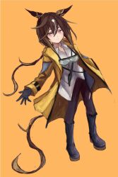  1girl animal_ears black_boots black_gloves black_hair black_pants boots brown_eyes brown_hair closed_mouth coat ear_covers full_body gloves goggles goggles_around_neck hair_between_eyes horse_ears horse_girl horse_tail long_hair multicolored_hair pants shirt simple_background solo stay_gold_(sunlit_outsider)_(umamusume) stay_gold_(umamusume) tail umamusume white_hair white_shirt yanagi_wakana yellow_coat 