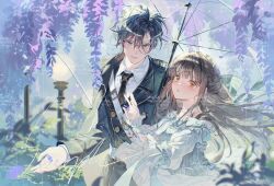  1boy 1girl absurdres belt belt_buckle black_cape black_hair black_necktie blue_eyes blue_hair blue_jacket blunt_bangs blurry blush bow buckle buttons cape clarence_clayden closed_mouth collared_shirt commission commissioner_insert corsage couple cross-laced_clothes cross-laced_dress curtained_hair depth_of_field double-breasted dress falling_petals flower frilled_wrist_cuffs frills gold_trim green_ribbon guozimiao hair_between_eyes hair_ribbon half_updo hand_up height_difference hetero highres holding holding_petal holding_umbrella jacket jewelry lamppost lapels long_hair long_sleeves looking_at_another looking_up lovebrush_chronicles mihuashi_commission mole mole_under_eye necklace necktie notched_lapels oc_x_canon off-shoulder_dress off_shoulder official_alternate_costume orange_eyes original parted_lips pearl_necklace petals plant puffy_sleeves purple_flower purple_petals rain ribbon rose sam_browne_belt sample_watermark shared_umbrella shirt short_hair side_cape sleeve_bow sleeve_cuffs smile three-quarter_sleeves transparent transparent_umbrella umbrella upper_body watermark white_belt white_bow white_dress white_flower white_rose white_shirt white_wrist_cuffs wisteria wrist_cuffs 