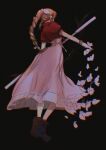  1girl aerith_gainsborough bangle bangs black_background boots bracelet braid braided_ponytail brown_footwear brown_hair cropped_jacket dress facing_away falling_petals fighting_stance final_fantasy final_fantasy_vii final_fantasy_vii_remake flower from_below full_body hair_flower hair_ornament hair_ribbon highres holding holding_staff jacket jewelry long_dress long_hair petals pink_dress pink_ribbon red_jacket ribbon sera_(serappi) short_sleeves sidelocks solo staff 