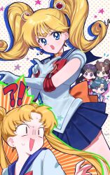  !? 5girls aino_minako artist_name bishoujo_senshi_sailor_moon bishoujo_senshi_sailor_moon_s black_eyes blonde_hair blue_bow blue_bowtie blue_eyes blue_hair blue_sailor_collar blue_skirt bow bowtie brooch chibi choker circlet commentary_request cosplay crescent crescent_earrings curled_ends curtained_hair double_bun dutch_angle earrings flying_sweatdrops gloves green_sailor_collar hair_bobbles hair_bun hair_ornament heart heart_brooch heart_choker highres hino_rei jewelry juuban_middle_school_uniform kino_makoto leotard long_hair looking_at_another magical_girl medium_hair miniskirt mizuno_ami multiple_girls official_alternate_costume orange_bow orange_choker p_m_ame ponytail purple_bow purple_bowtie red_bow red_bowtie red_sailor_collar sailor_collar sailor_moon sailor_moon_(cosplay) sailor_senshi_uniform school_uniform shirt short_hair skirt standing star_(symbol) star_earrings stud_earrings surprised sweat tsuki_ni_kawatte_oshioki_yo tsukino_usagi v-shaped_eyebrows white_gloves white_leotard white_shirt wide-eyed 