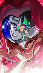  2girls absurdres alien_stage black_hair closed_eyes commentary glasses hanabone404 heart heart_hands highres long_hair microphone mizi_(alien_stage) mizi_(zombie_stage) multiple_girls open_mouth pink_hair revealing_layer smile sua_(alien_stage) sua_(zombie_stage) teeth thick_eyebrows violet_eyes zombie_stage 