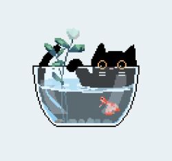  animal animal_focus animal_hands black_cat bowl cat commentary decomposedmaw english_commentary fish fishbowl flower glass goldfish green_leaf leaf no_humans original partially_submerged pixel_art plant ripples rock sitting transparent water whiskers white_background white_flower 