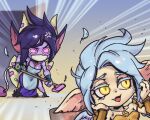  2girls anger_vein apron armor bangs black_gloves black_hair collarbone colored_skin detached_sleeves dress emphasis_lines feathers fingerless_gloves gloves grey_apron grey_hair holding kayle_(league_of_legends) league_of_legends morgana_(league_of_legends) multicolored_background multiple_girls open_mouth phantom_ix_row pink_skin pointy_ears shiny shiny_hair siblings sisters vacuum_cleaner yordle 