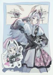  1girl ammunition_belt arknights black_dress black_gloves chibi chibi_inset commentary_request dress enamering from_side gloves grey_eyes grey_hair gun handgun head_wings highres holding holding_gun holding_lantern holding_weapon irene_(arknights) lantern long_hair multiple_views pantyhose scabbard scarf sheath simple_background sketch smile weapon white_pantyhose wings 