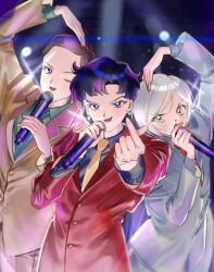  3boys androgynous arm_up bishoujo_senshi_sailor_moon bishoujo_senshi_sailor_moon_stars bishounen black_hair black_shirt blue_eyes blue_necktie brown_hair collared_shirt commentary_request crescent crescent_earrings earrings finger_heart green_eyes green_shirt grey_jacket grey_pants grey_shirt grey_suit hand_up heart_arms heart_arms_duo highres holding holding_microphone jacket jewelry lapels long_hair looking_at_viewer low_ponytail male_focus microphone multiple_boys necktie one_eye_closed open_mouth p_m_ame pants ponytail red_jacket red_necktie red_suit seiya_kou shirt singing smile stage stage_lights standing suit sweatdrop taiki_kou upper_body v-shaped_eyebrows violet_eyes white_hair yaten_kou yellow_jacket yellow_necktie yellow_pants yellow_suit 