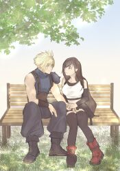  1boy 1girl armor baggy_pants bare_shoulders bench black_hair black_skirt black_sleeves black_thighhighs blonde_hair blue_eyes blue_sky blue_sweater boots breasts brown_hair closed_mouth cloud_strife commentary couple crop_top detached_sleeves earrings english_commentary final_fantasy final_fantasy_vii final_fantasy_vii_remake full_body grass hand_on_another's_thigh hetero highres jewelry large_breasts long_hair looking_at_another midriff miniskirt on_bench outdoors pants red_boots red_eyes short_hair shoulder_armor siqishisan sitting skirt sky sleeveless sleeveless_turtleneck smile spiky_hair suspenders sweater tank_top thigh-highs tifa_lockhart tree turtleneck turtleneck_sweater white_tank_top wooden_bench zettai_ryouiki 