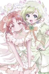  2girls :< :d bow center_frills chii_(chi_pppuri) closed_mouth colored_eyelashes commentary_request double_bun dress dress_bow dress_ribbon frilled_dress frilled_sleeves frills green_bow green_dress green_eyes green_hair green_ribbon hair_bun hand_on_another's_shoulder hand_on_own_hip highres himitsu_no_aipri looking_at_viewer medium_hair mitsuba_airi multiple_girls open_mouth orange_bow orange_eyes orange_hair pretty_series ribbon shinomiya_rinrin short_hair smile watch watch white_bow white_dress wrist_bow 