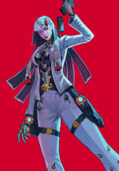  absurdres blood blood_in_hair blood_on_clothes commentary gun highres holding holding_gun holding_weapon holster horns long_hair magazine_(weapon) omnic overwatch pants red_eyes red_horns red_lips robot_girl shion_(overwatch) suit thigh_holster weapon white_pants white_suit woon_ow 