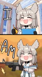  1girl absurdres ahoge animal_ears arknights arknights:_endfield bare_shoulders bird_ears bird_girl black_gloves english_text game_screenshot_background gloves grey_hair gun highres jacket medium_hair mixed_media multicolored_gloves no_grad off_shoulder open_clothes open_mouth perlica_(arknights) screenshot_background sleeveless two-sided_gloves two-tone_gloves weapon yellow_gloves 
