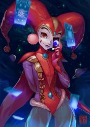  1girl absurdres artist_logo card chrono_cross clown commentary dated earrings english_commentary fumezu1 grin harle_(chrono_cross) harlequin hat highres holding holding_card jester jester_cap jewelry logo looking_at_viewer pom_pom_(clothes) pom_pom_earrings red_eyes smile solo star_(sky) 