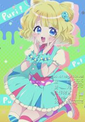  1girl asymmetrical_legwear bead_bracelet beads blonde_hair blue_eyes blue_necktie blue_shirt blue_skirt blue_thighhighs blue_wrist_cuffs bracelet chii_(chi_pppuri) collared_shirt commentary_request cone_hair_bun double_bun frilled_skirt frills hair_bun hands_on_own_cheeks hands_on_own_face highres jewelry looking_at_viewer medium_hair minami_mirei mismatched_legwear multicolored_thighhighs necktie open_mouth pink_thighhighs pleated_skirt pretty_series pripara puffy_short_sleeves puffy_sleeves purple_thighhighs shirt short_sleeves sitting skirt smile solo striped_clothes striped_thighhighs thigh-highs wrist_cuffs yellow_thighhighs 