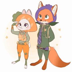  1boy 1girl :3 alternate_costume animal_ear_fluff animal_ears animal_feet animal_nose arm_behind_back arm_up arms_behind_back barefoot belt_pouch blueberry blush breast_pocket carrot closed_mouth collared_shirt commentary_request fingerless_gloves flat_color food food_costume fox_boy fox_ears fox_tail fruit full_body furry furry_female furry_male gloves green_gloves green_pants green_shirt green_socks jpeg_artifacts judy_hopps knee_pads long_sleeves looking_up meme_(penpengusa_no_meme) necktie nick_wilde orange_pants orange_vest pants plaid_clothes plaid_vest pocket police police_badge police_uniform policeman policewoman pouch purple_necktie rabbit_ears rabbit_girl rabbit_tail salute serious shirt shirt_tucked_in short_tail snout socks standing star_(symbol) striped_clothes striped_necktie tail toeless_legwear v-shaped_eyebrows vest violet_eyes zootopia 
