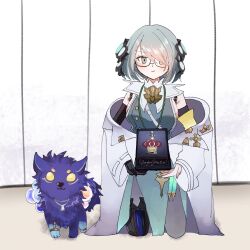  1girl bare_shoulders camiscilla_(shadowverse) closed_mouth commentary_request dog glasses green_eyes headphones highres lab_coat lanyard looking_at_viewer ro11_apple seiza shadowverse shadowverse:_worlds_beyond short_hair simple_background sitting smile smug 