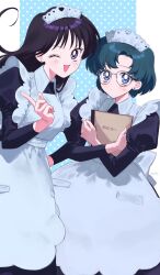  2girls :d ;d apron artist_name back_bow bishoujo_senshi_sailor_moon bishoujo_senshi_sailor_moon_stars black_dress black_hair blue_eyes blue_hair bow closed_mouth collared_dress commentary cowboy_shot crossed_wrists dot_mouth dress earrings enmaided glasses hand_on_own_hip hand_up highres hino_rei holding holding_menu index_finger_raised jewelry juliet_sleeves long_hair long_sleeves looking_at_viewer maid maid_headdress menu mizuno_ami multiple_girls one_eye_closed open_mouth p_m_ame puffy_sleeves short_hair smile standing stud_earrings sweatdrop untranslatable_commentary violet_eyes waitress white_apron white_bow 