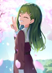  1girl :d ^_^ blue_sky brown_dress cherry_blossoms closed_eyes commentary_request day dress facing_back falling_petals from_behind green_hair grin hair_ornament hairclip hasu_no_sora_school_uniform highres long_hair long_sleeves love_live! love_live!_hasu_no_sora_jogakuin_school_idol_club neckerchief ogami_sachi outdoors parallel_hairclips petals pink_petals sailor_collar sailor_dress school_uniform sky smile solo straight_hair tamagoyakishion v white_sailor_collar winter_uniform yellow_neckerchief 