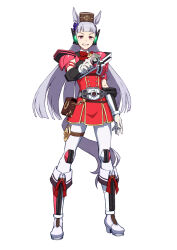  1girl animal_ears armor belt blunt_bangs breastplate card commentary_request cosplay decadriver dress full_body gloves gold_ship_(red_strife)_(umamusume) gold_ship_(umamusume) grey_hair hat holding holding_card horse_ears horse_girl horse_tail kamen_rider kamen_rider_dcd kamen_rider_decade kamen_rider_decade_(cosplay) long_hair looking_at_viewer pillbox_hat red_dress rider_belt rider_card shoulder_armor sleeveless sleeveless_dress smile solo tail tenkey2022 umamusume violet_eyes white_gloves 