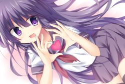  1girl :d black_hair black_sailor_collar black_skirt black_thighhighs commentary_request cowboy_shot dutch_angle eyes_visible_through_hair floating_hair four-finger_heart_hands hair_between_eyes hands_up heart heart_hands heart_in_heart_hands korokoro_cat light_blush long_hair looking_at_viewer miniskirt neckerchief open_mouth original pleated_skirt red_neckerchief sailor_collar sailor_shirt school_uniform serafuku shirt short_sleeves simple_background skirt smile solo thigh-highs very_long_hair violet_eyes white_background white_shirt zettai_ryouiki 