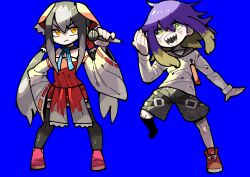  1girl 1other absurdres androgynous black_hair black_shorts black_thighhighs blonde_hair blue_background blue_bow blue_bowtie bow bowtie closed_mouth commentary_request cookie_(touhou) detached_sleeves dress extreme_tuna_can_non_oil frilled_bow frilled_hair_tubes frills frown full_body green_eyes grey_hair hair_bow hair_tubes hakurei_reimu highres holding holding_microphone long_hair long_sleeves looking_at_viewer medium_hair microphone multicolored_hair open_mouth purple_hair red_bow red_dress red_shoes ribbon-trimmed_sleeves ribbon_trim sharp_teeth shiriri_(cookie) shirt shoes shorts simple_background sleeveless sleeveless_dress smile sneakers standing teeth thigh-highs touhou twintails two-tone_hair v-shaped_eyebrows white_shirt white_sleeves yellow_eyes yuyusu_(cookie) 