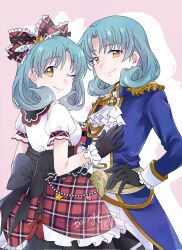  2girls ;) aiguillette ascot back_bow black_bow black_gloves blue_coat booing6 bow closed_mouth coat commentary_request cowboy_shot curly_hair dual_persona epaulettes etoile_brilliant_(idolmaster) gloves green_hair highres idolmaster idolmaster_million_live! idolmaster_million_live!_theater_days long_sleeves looking_at_viewer multiple_girls official_alternate_costume one_eye_closed plaid_clothes plaid_skirt puffy_short_sleeves puffy_sleeves red_skirt shirt short_sleeves skirt smile standing tokugawa_matsuri white_ascot white_shirt yellow_eyes 