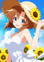  1girl :d back_ribbon bare_arms bare_shoulders blue_eyes blue_sky blunt_ends blush breasts brown_hair brown_hat clouds comiket_108 commentary_request day dress flower hand_on_headwear hat hat_flower highres higurashi_no_naku_koro_ni looking_at_viewer medium_breasts niyane open_mouth outdoors ribbon ryuuguu_rena short_hair sky sleeveless sleeveless_dress smile solo spaghetti_strap straw_hat sun_hat sundress sunflower upper_body white_dress white_ribbon yellow_flower 