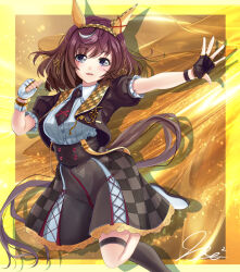  1girl animal_ears asymmetrical_gloves black_gloves black_necktie black_thighhighs blush braid breasts brown_hair brown_jacket brown_skirt buena_vista_(heroina_inocente)_(umamusume) buena_vista_(umamusume) checkered_collar checkered_hairband collared_shirt commentary_request ear_covers fingerless_gloves gloves hair_between_eyes hair_ornament hairband headband horse_ears horse_girl horse_tail jacket looking_at_viewer medium_hair necktie open_mouth photoshop_(medium) shirt single_thighhigh skirt smile solo tail thigh-highs thigh_strap umamusume violet_eyes white_gloves white_shirt white_skirt yumibakama_meme 