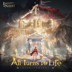  2girls 3d album_cover arabian_clothes armor artist_request asna_(infinity_nikki) bare_shoulders belt black_belt black_headband blunt_bangs bow_(weapon) brown_belt brown_eyes brown_sandals chinese_commentary cliff cloak closed_mouth commentary_request copyright_logo cover covered_face crop_top dark determined ear_covers english_text floating_hair full_armor happy headband highres holding holding_bow_(weapon) holding_sword holding_weapon hood hood_up hooded_cloak infinity_nikki layered_skirt light_frown logo long_hair looking_at_viewer medium_skirt momo_(nikki) momo_(zephyr)_(infinity_nikki) multiple_girls nikki_(nikki) nikki_(series) official_art overgrown palace pink_hair pleated_skirt pointing pointing_forward ponytail purifying_wind_(infinity_nikki) red_hair red_scarf red_skirt sand sandals scarf second-party_source shirt short_hair single_bracer skirt sleeveless sleeveless_shirt standing statue sword title very_long_hair weapon white_cloak white_shirt white_skirt 