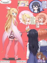  3girls :o absurdres aqua_eyes bare_shoulders black_hair blonde_hair blue_dress blush boots brown_hair cape chibi commentary cosplay crossover dress fate/kaleid_liner_prisma_illya fate_(series) feather_hair_ornament feathers flower frilled_thighlet gloves hair_ornament hair_ribbon highres himesaka_noa hoshino_hinata ibispaint_(medium) illyasviel_von_einzbern kaleido_ruby kaleidostick layered_gloves loli long_hair long_sleeves looking_at_another lyra_(wyverndx8) magical_girl multiple_girls open_mouth pink_boots pink_dress pink_feathers pink_flower prisma_illya prisma_illya_(cosplay) ribbon school_uniform shirosaki_hana shirt short_hair sidelocks skirt smile spanish_text speech_bubble staff standing surprised thigh-highs tohsaka_rin very_long_hair wand watashi_ni_tenshi_ga_maiorita! watermark wing_hair_ornament wyverndx8 