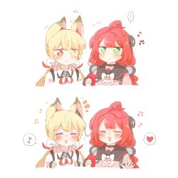  2girls :d ^_^ alice_thymefield animal_ears black_gloves black_sailor_collar blonde_hair blush closed_eyes closed_mouth collared_shirt commentary_request cropped_torso earphones fingerless_gloves gloves green_eyes hair_ornament heart heterochromia listening_to_music long_hair low_twintails multiple_girls musical_note open_mouth pink_sweater rabbit_ears rabbit_girl rebecca_(keinelove) red_eyes red_hair sailor_collar shared_earphones shirt simple_background smile sphere_hair_ornament spoken_heart spoken_musical_note sweater twintails ukinami_yuzuha white_background white_shirt yellow_eyes zenless_zone_zero 