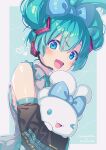  &gt;_&lt; 1girl :d absurdres alternate_hairstyle aqua_background aqua_bow aqua_eyes aqua_hair bangs black_sleeves blush bow cinnamiku cinnamoroll collared_shirt commentary_request crossover detached_sleeves goshichi_shoji green_necktie green_shirt grey_shirt hair_bow hair_rings hatsune_miku headset heart highres holding looking_at_viewer necktie one_eye_closed rectangle sanrio shirt sleeveless sleeveless_shirt smile symbol_in_eye two-tone_background updo upper_body vocaloid white_background 