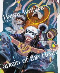  4boys baseball_cap bear_boy bepo_(one_piece) birthday black_hair coat commentary_request confetti dated denim double_thumbs_down earrings fur-trimmed_coat fur_trim grin happy_birthday hat heart heart_hands heart_pirates_jolly_roger jeans jewelry jumpsuit kiyoshita multiple_boys one_piece open_clothes open_coat open_mouth orange_jumpsuit pants penguin_(one_piece) shachi_(one_piece) sharp_teeth short_hair smile squatting sunglasses sword teeth thumbs_down tongue tongue_out trafalgar_law weapon white_fur white_hat 