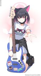  1girl animal_ears artist_name bass_guitar black_choker black_mask black_nails blue_archive cat_ears cat_girl choker clothes_around_waist colored_inner_animal_ears colored_inner_hair commentary_request extra_ears fender_jazz_bass full_body halo highres holding holding_bass_guitar holding_instrument instrument jacket jacket_around_waist kazusa_(band)_(blue_archive) kazusa_(blue_archive) kneeling looking_at_viewer mask mask_pull mouth_mask multicolored_hair murasame_(sword_of_nmkr) official_alternate_costume pink_hair pink_halo print_shirt red_eyes shirt smile solo two-tone_hair v watermark 