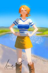  1girl bare_arms blue_sky boots breasts brown_boots commentary feet_out_of_frame grass hands_on_own_hips highres knees looking_at_viewer looking_up medium_breasts miniskirt nami_(one_piece) one_piece orange_eyes orange_hair outdoors parted_lips shirt short_hair short_sleeves signature single_sidelock skirt sky solo standing straight-on v-neck water white_shirt yellow_skirt zenithvaltor 