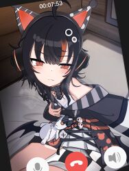  1girl ahoge animal_ear_headphones animal_ears arm_belt asymmetrical_legwear asymmetrical_sleeves bare_shoulders bat_wings belt belt_collar black_choker black_hair black_nails black_sweater cat_ear_headphones cat_ears choker collar cross-laced_clothes cross-laced_dress crossed_legs dress eyeball_hair_ornament fake_animal_ears headphones highres layered_dress leg_belt livestream long_sleeves looking_at_viewer mahou_shoujo_no_majo_saiban multicolored_hair nail_polish off-shoulder_sweater off_shoulder open_mouth orange_eyes orange_nails orange_streaks phone sawatari_coco selfie sharp_teeth shirt short_hair single_thighhigh skirt skull sleeveless sleeveless_shirt solo streaked_hair striped_clothes striped_sleeves striped_thighhighs stuffed_animal stuffed_cat stuffed_toy sweater teeth thigh-highs user_xeeg4274 video_call white_shirt white_skirt wings 