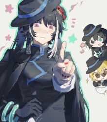  1boy 2girls black_coat black_gloves black_hair black_hat blonde_hair bowl bracelet chinese_clothes cinq_association_east_uniform closed_mouth coat coat_on_shoulders don_quixote_(project_moon) dress earrings fedora gloves hat highres holding hong_lu_(project_moon) hzcppks index_finger_raised jade_bracelet jewelry jia_xichun_(project_moon) limbus_company long_hair long_sleeves mandarin_collar multicolored_hair multiple_girls nail_polish notice_lines open_mouth pink_eyes project_moon qipao red_nails single_glove smile solo_focus streaked_hair thumbs_up white_streaks 